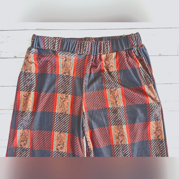 Crazy Train Western Buffalo Plaid W/ Tooled Leather Look Lounge Pants W/ Pockets - Picture 8 of 12